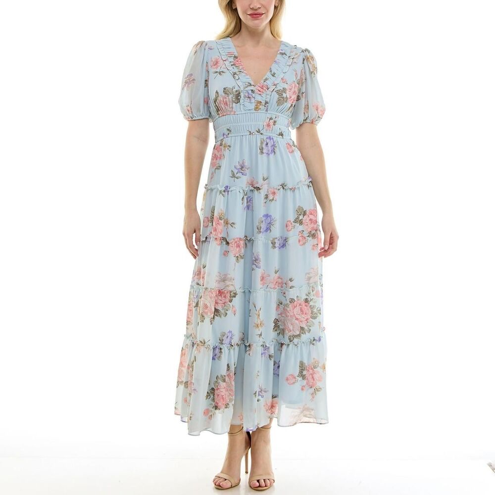 Maison Tara Romantic Floral Baby Blue Tiered Maxi Dress Large